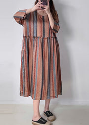 Women Orange Striped Patchwork Silk Cotto Long Dresses Long Sleeve