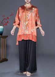 Women Orange Tasseled Patchwork Silk 2 Piece Outfit Fall