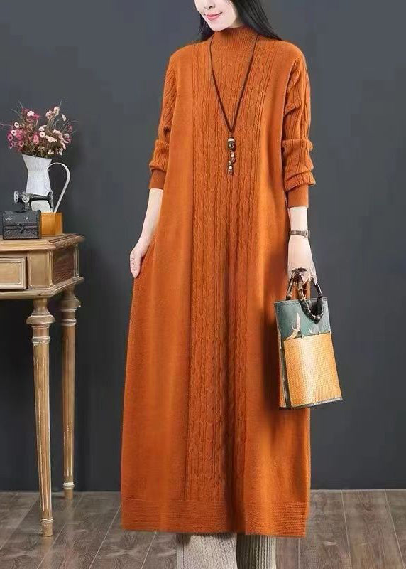 Women Orange Turtleneck Patchwork Knit Dresses Winter