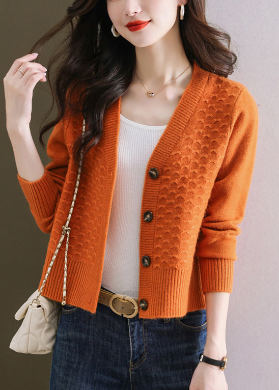 Women Orange V Neck Button Wool Knit Cardigan Winter