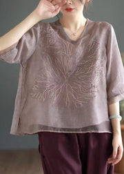 Women Orange V Neck Embroidered Organza Patchwork Linen Tops Summer