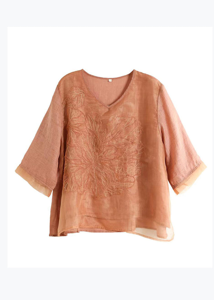 Women Orange V Neck Embroidered Organza Patchwork Linen Tops Summer