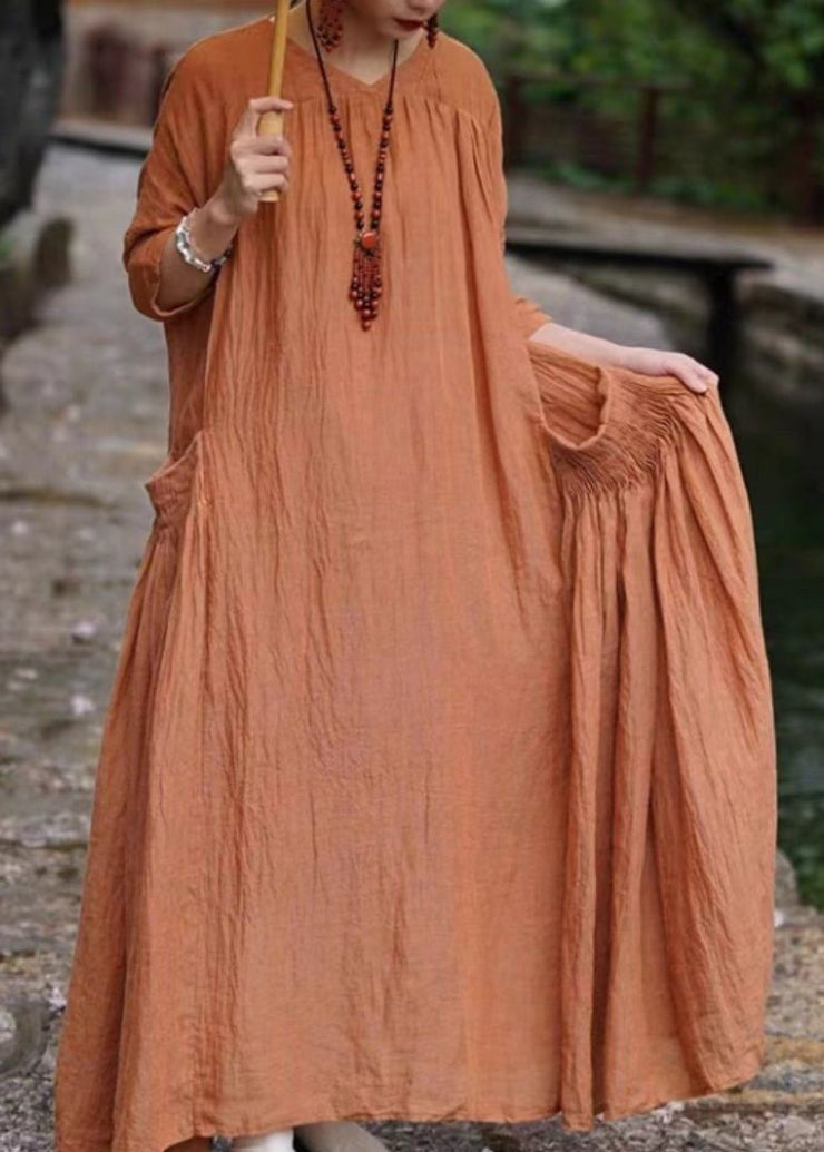 Women Orange V Neck Pockets Linen Long Dresses Bracelet Sleeve