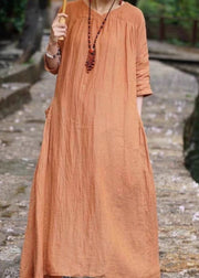 Women Orange V Neck Pockets Linen Long Dresses Bracelet Sleeve