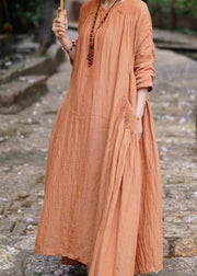 Women Orange V Neck Pockets Linen Long Dresses Bracelet Sleeve