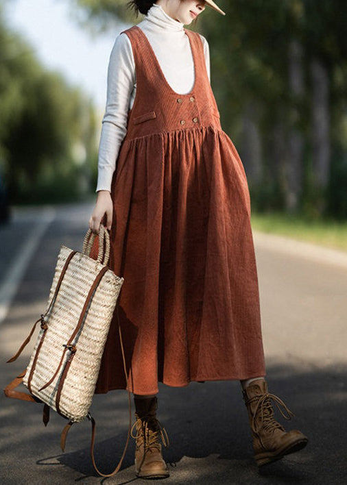 Women Orange Wrinkled Pockets Corduroy Vest Dresses Sleeveless