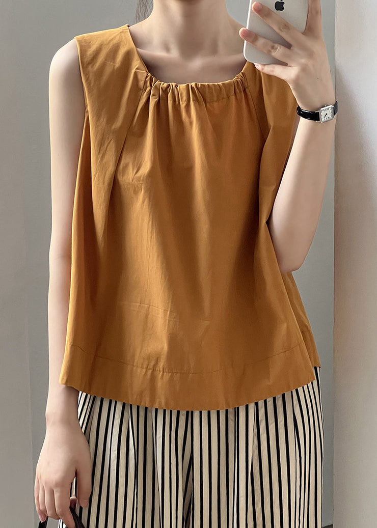 Women Orange Wrinkled Solid Cotton Top Sleeveless