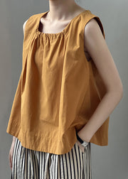 Women Orange Wrinkled Solid Cotton Top Sleeveless