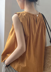 Women Orange Wrinkled Solid Cotton Top Sleeveless