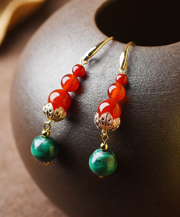 Women Overgild Agate Gem Stone Round Drop Earrings