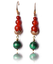 Women Overgild Agate Gem Stone Round Drop Earrings