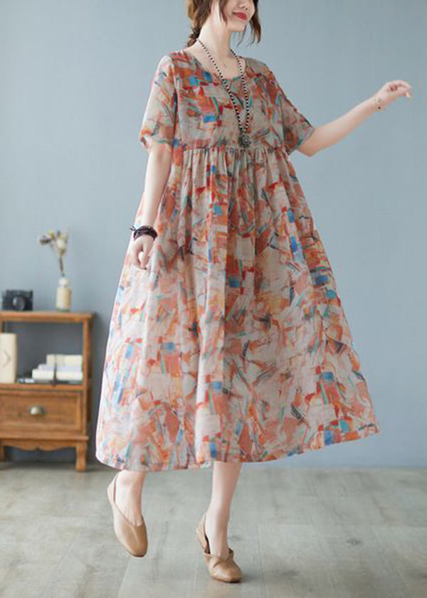 Women Oversized Print Exra Large Hem Cotton Long Dresses Short Sleeve