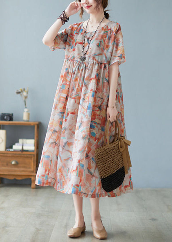 Women Oversized Print Exra Large Hem Cotton Long Dresses Short Sleeve