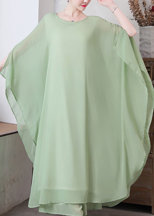 Women Pea Green Asymmetrical Solid Chiffon Long Dress And Wide Leg Pants Two Pieces Set Spring