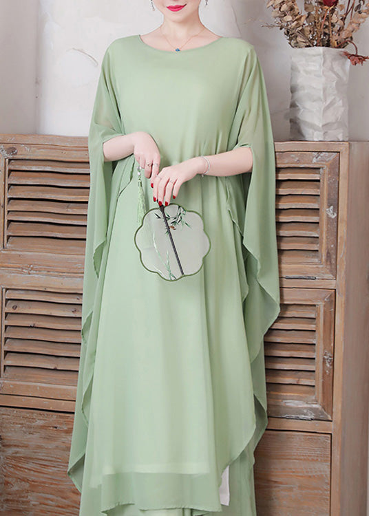 Women Pea Green Asymmetrical Solid Chiffon Long Dress And Wide Leg Pants Two Pieces Set Spring