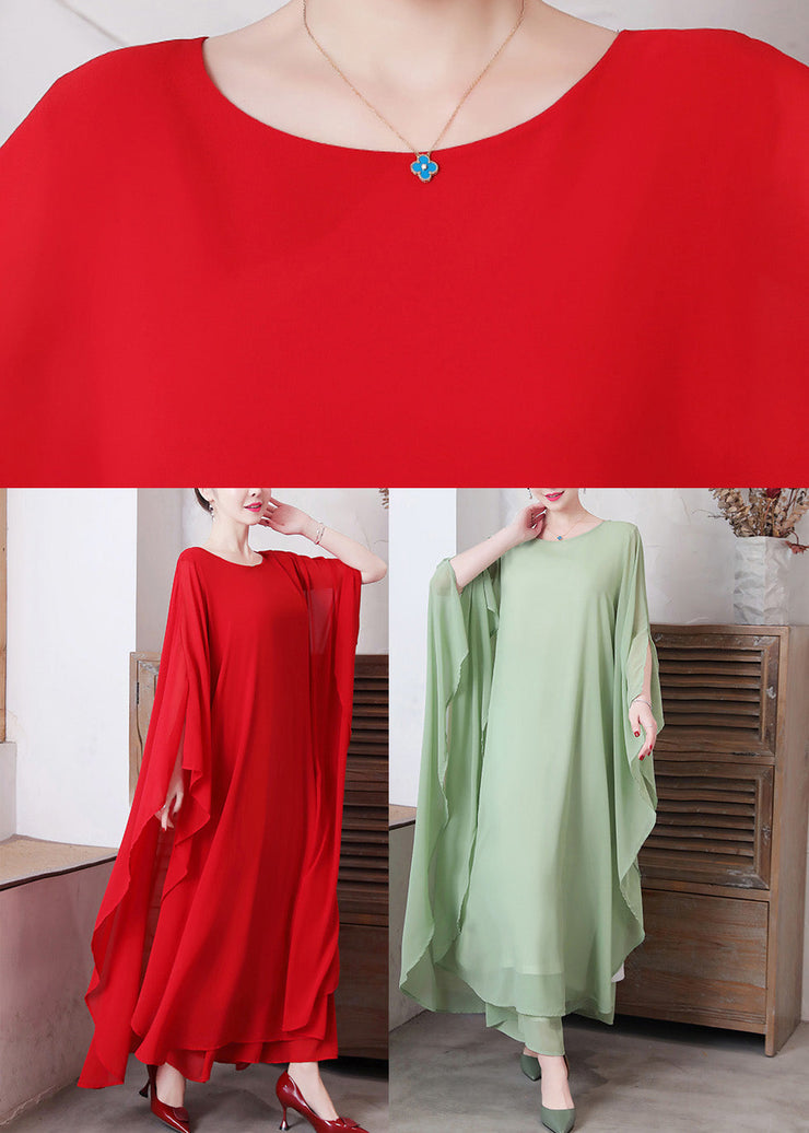 Women Pea Green Asymmetrical Solid Chiffon Long Dress And Wide Leg Pants Two Pieces Set Spring