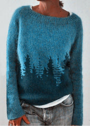 Women Peacock Blue O Neck Cozy Knit Sweaters Fall