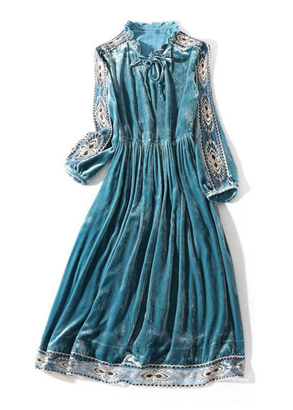 Women Peacock Blue Ruffled Embroideried Patchwork Silk Velour Dress Spring