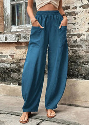 Women Peacock Blue Solid Casual Ice Silk Long Trousers