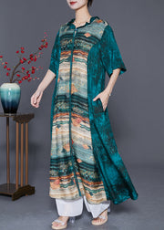 Women Peacock Green Ruffled Patchwork Print Silk Dresses Summer