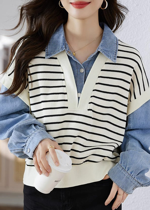 Women Peter Pan Collar Denim Patchwork False Two Pieces Knit Blouse Tops Fall