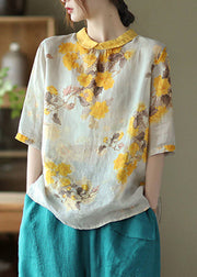 Women Peter Pan Collar Print Button Linen Shirt Half Sleeve