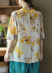 Women Peter Pan Collar Print Button Linen Shirt Half Sleeve