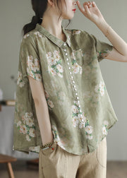 Women Peter Pan Collar Print Button Low High Design Linen Shirts Short Sleeve