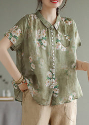 Women Peter Pan Collar Print Button Low High Design Linen Shirts Short Sleeve