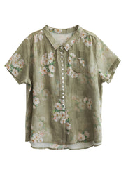 Women Peter Pan Collar Print Button Low High Design Linen Shirts Short Sleeve