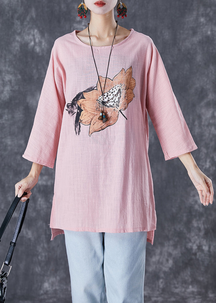 Women Pink Asymmetrical Print Linen Blouse Tops Fall