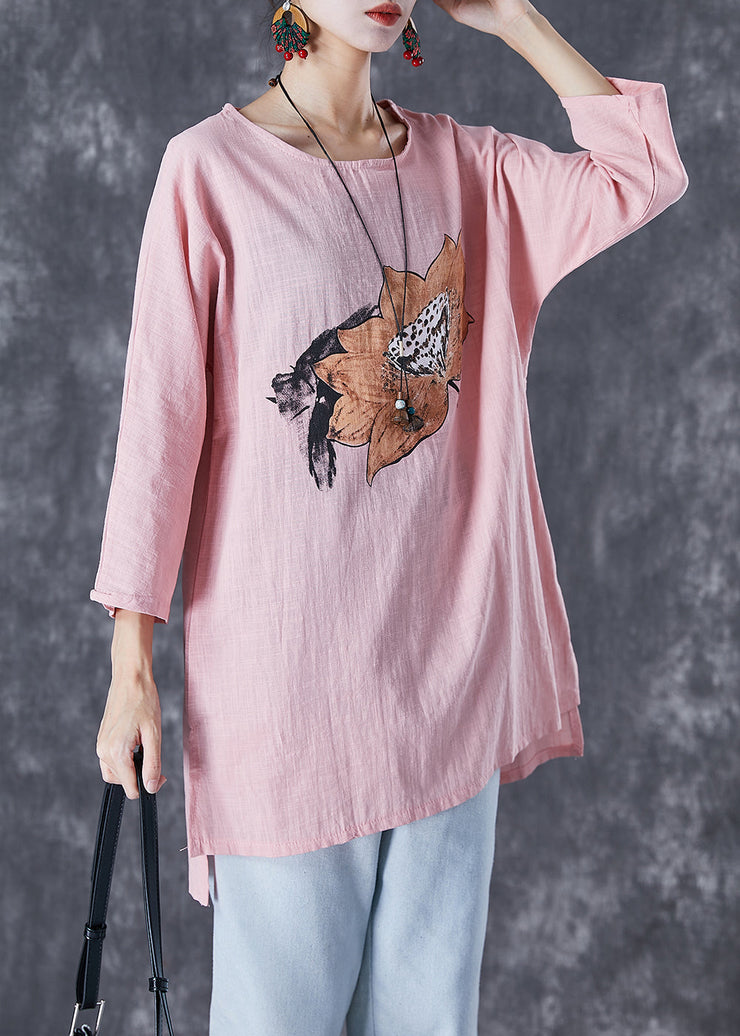 Women Pink Asymmetrical Print Linen Blouse Tops Fall