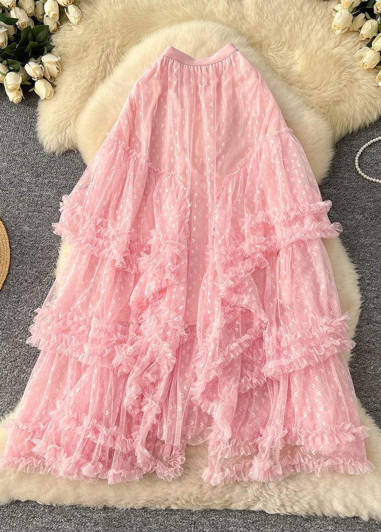 Women Pink Asymmetrical Ruffled Tulle Skirt Spring