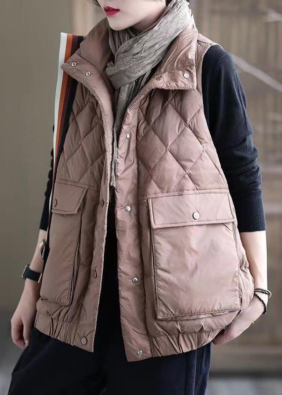 Women Pink Button Pockets Patchwork Duck Down Waistcoat Sleeveless