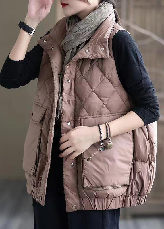 Women Pink Button Pockets Patchwork Duck Down Waistcoat Sleeveless