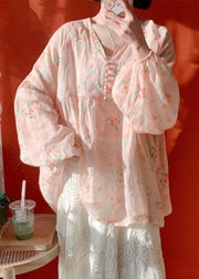 Women Pink Button Print Cotton Blouse Lantern Sleeve