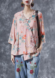 Women Pink Chinese Button Print Linen Shirts Bracelet Sleeve