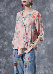 Women Pink Chinese Button Print Linen Shirts Bracelet Sleeve