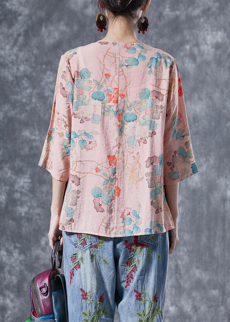 Women Pink Chinese Button Print Linen Shirts Bracelet Sleeve