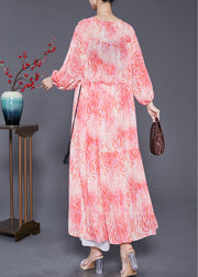 Women Pink Cinched Print Chiffon Vacation Dresses Fall