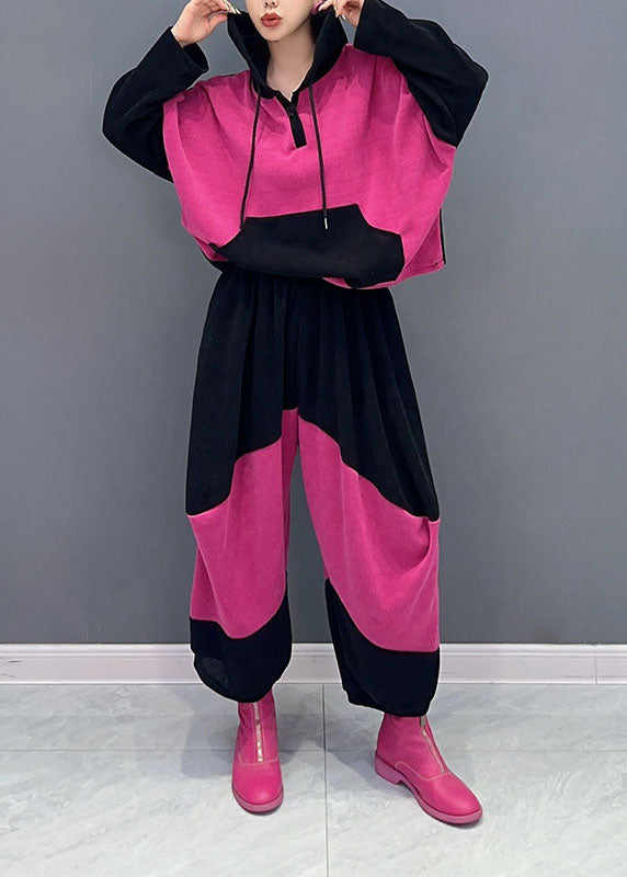 Women Pink Drawstring Patchwork Velour Hooded Top And Pants Two Pieces Set Fall