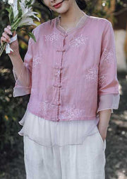 Women Pink Embroidered Button Linen Shirt Bracelet Sleeve