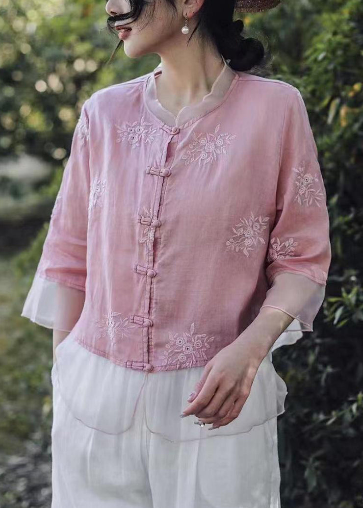 Women Pink Embroidered Button Linen Shirt Bracelet Sleeve