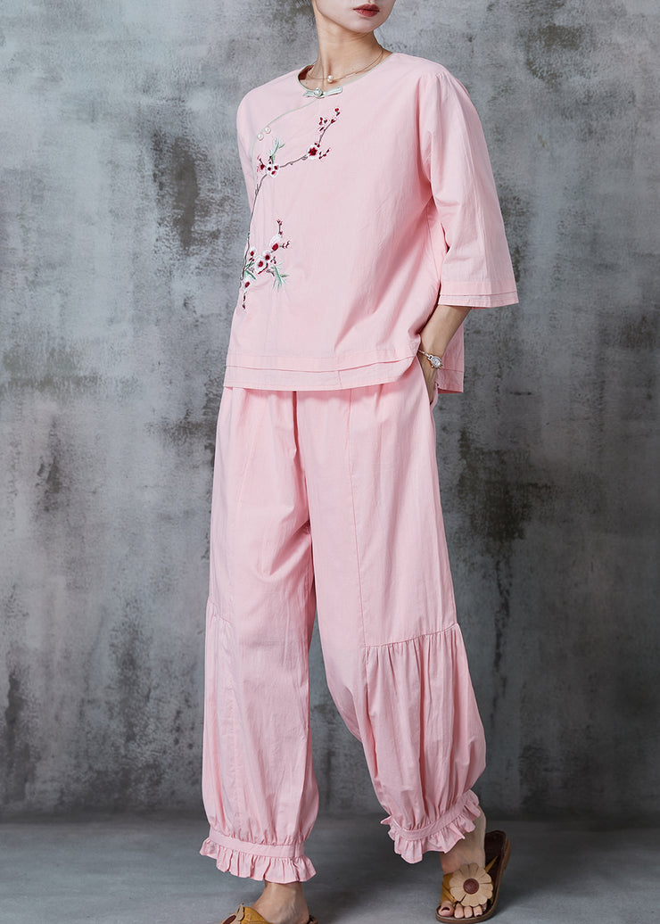 Women Pink Embroidered Oriental Cotton Two Piece Suit Set Summer