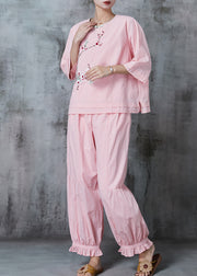 Women Pink Embroidered Oriental Cotton Two Piece Suit Set Summer