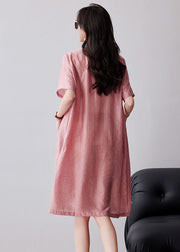 Women Pink Embroidered Oversized Linen Dresses Summer