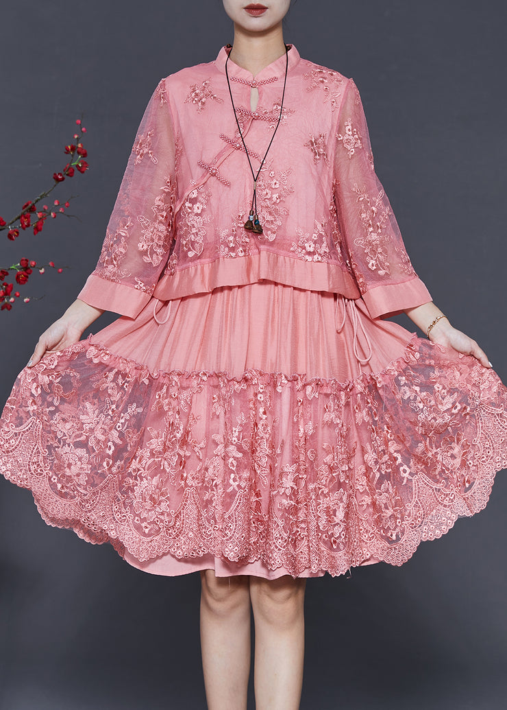 Women Pink Embroidered Patchwork Tulle Oriental Dress Spring