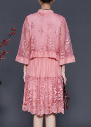 Women Pink Embroidered Patchwork Tulle Oriental Dress Spring