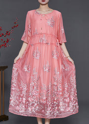 Women Pink Embroidered Silk Cinched Dress Summer