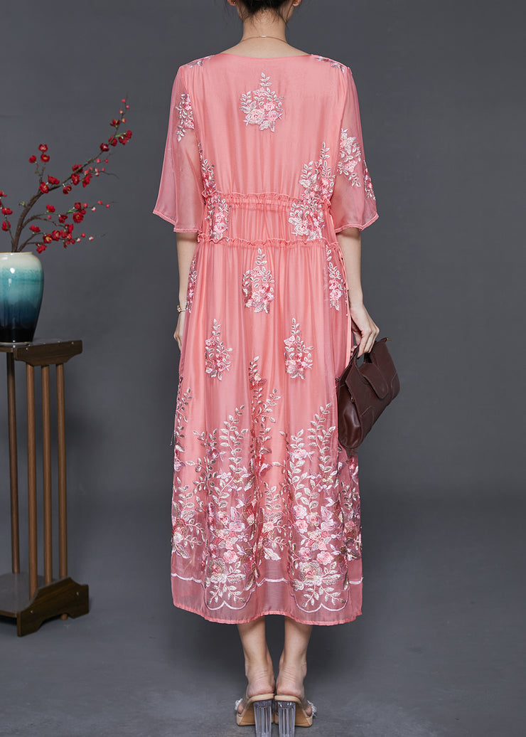 Women Pink Embroidered Silk Cinched Dress Summer